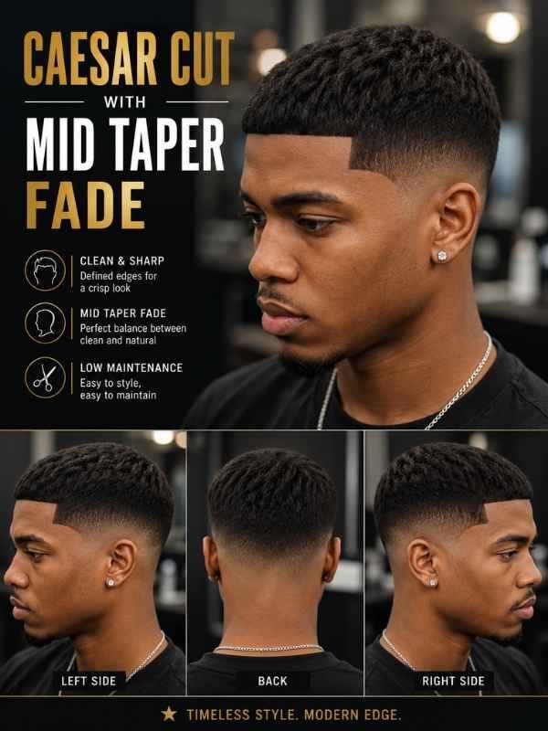 Caesar Cut with Mid Taper Fade.