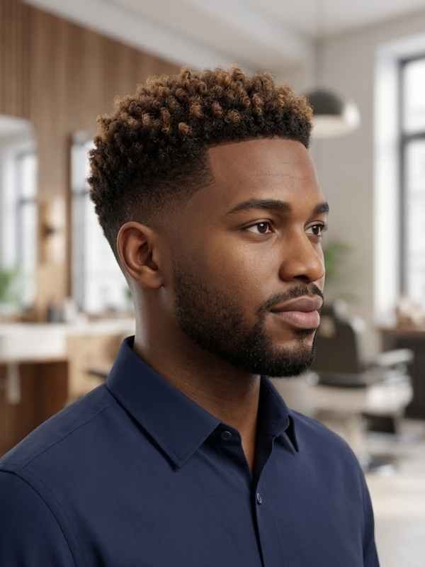 Short Coily Top with Highlights and Low Taper Fade