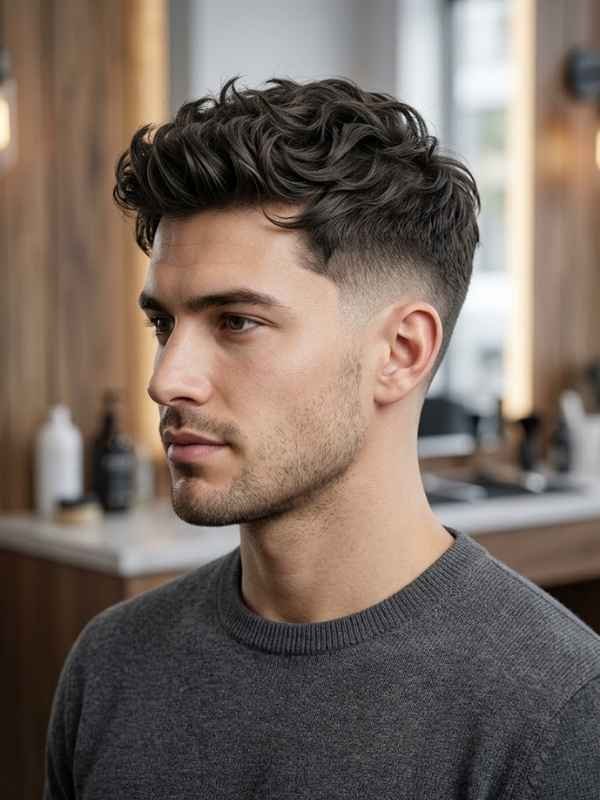 Short Wavy Messy Top with Low Taper Fade