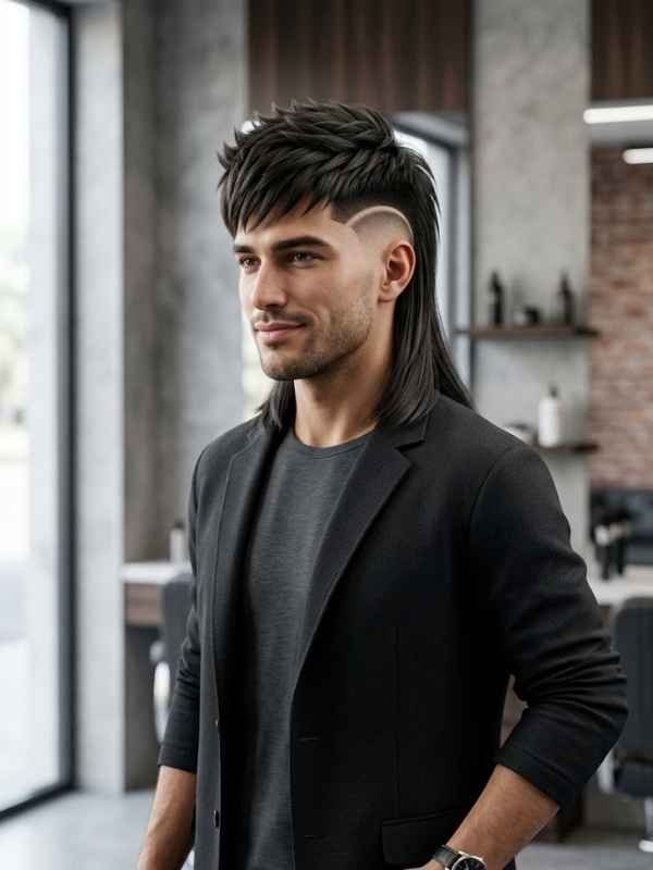 Straight Hair Burst Fade Mullet
