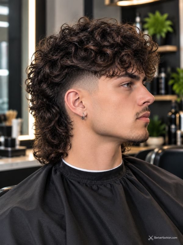Curly Mid Fade Mullet
