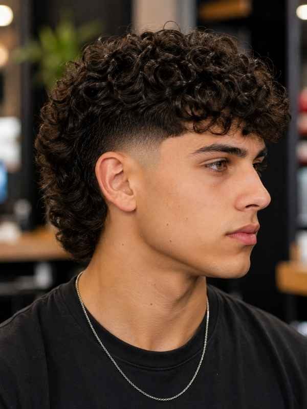 Curly Mullet with Mid Taper Fade