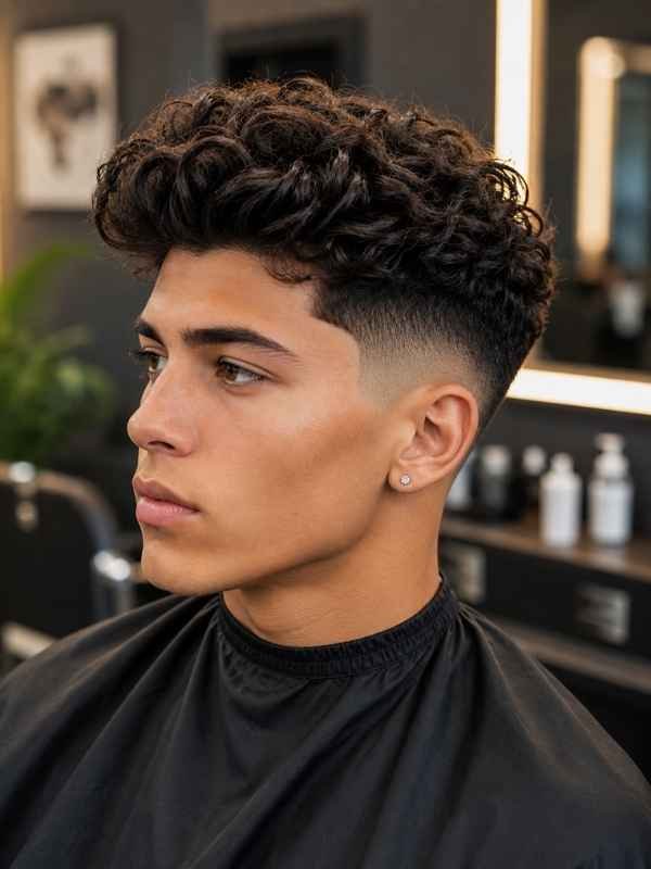 Curly Quiff with Mid Taper Fade