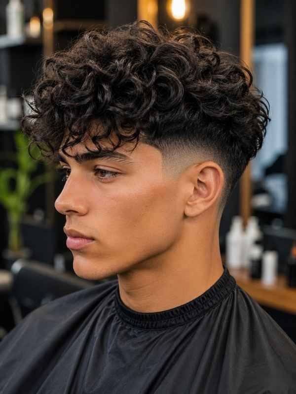 Long Curly Top with Mid Taper Fade