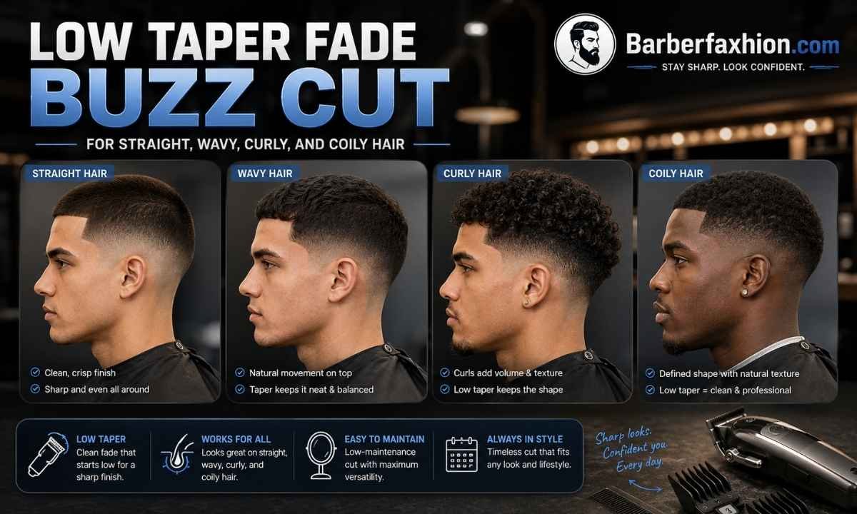 Low Taper Fade Buzz Cut for Straight, Wavy, Curly, and Coily Hair