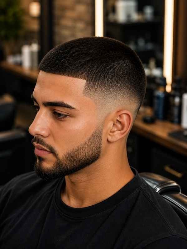 Low Taper Fade Buzz Cut with Beard