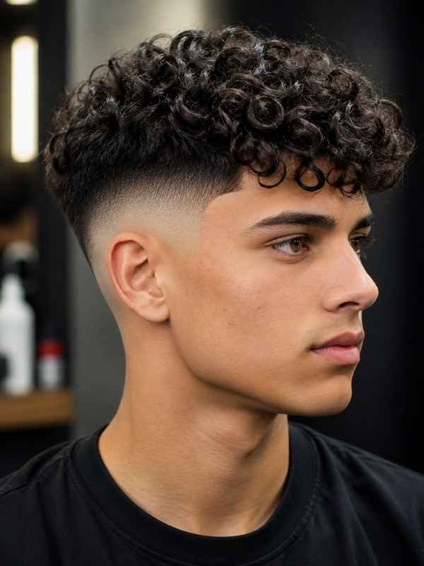 Mid Skin Fade with Curly Top (High-Contrast Variant)