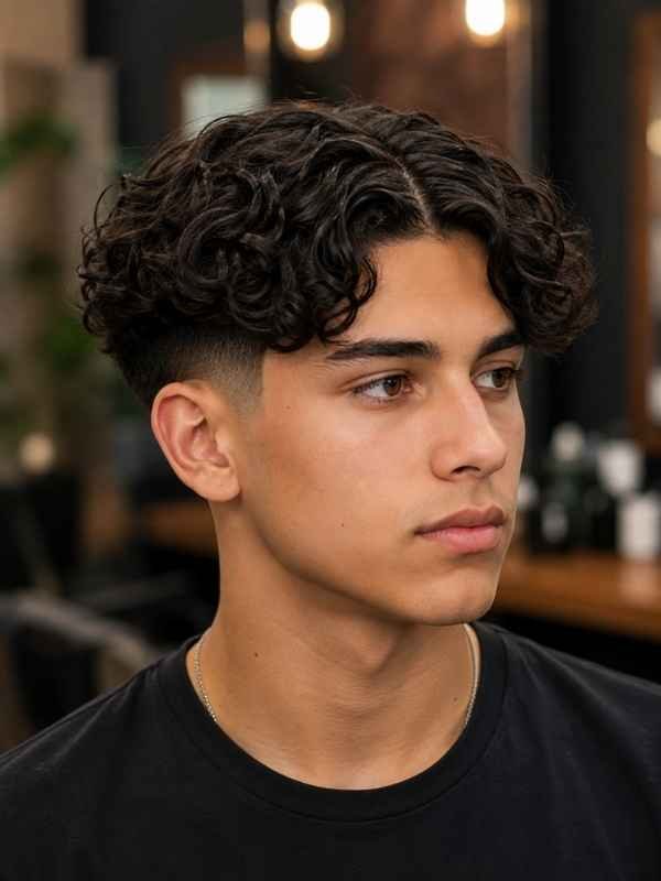 Middle Part Curly Mid Taper Fade