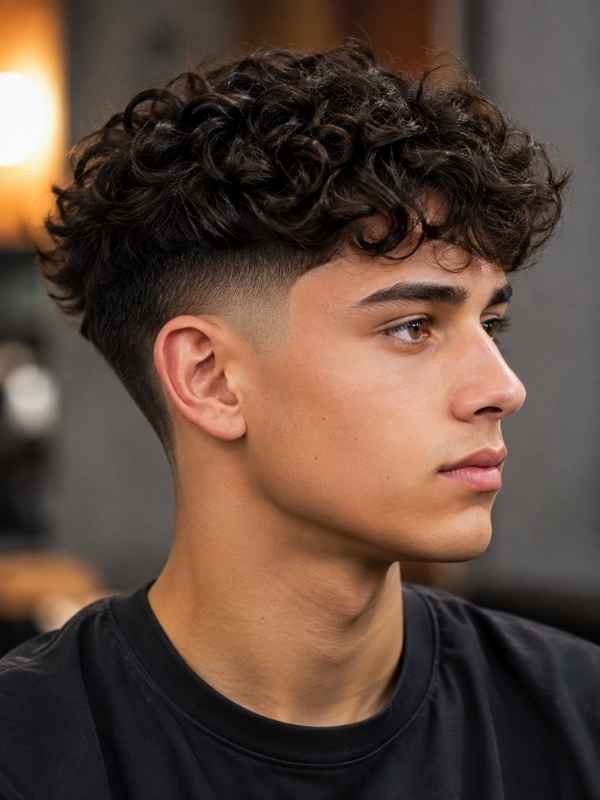 Short Curly Top with Mid Taper Fade
