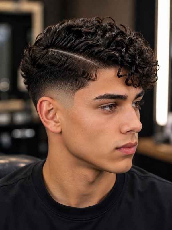 _Side Part Curly Mid Taper Fade